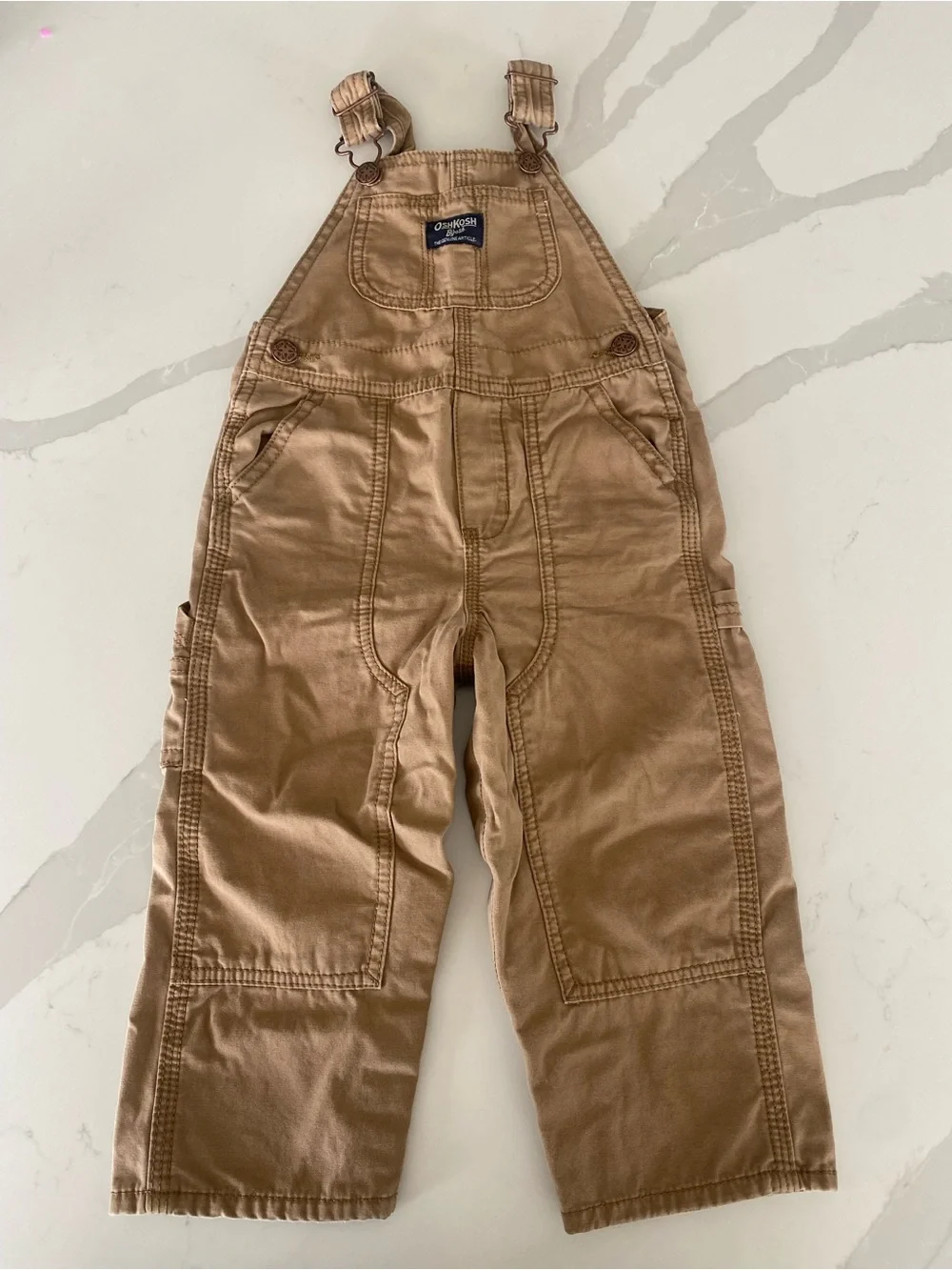OshKosh B'gosh tan khaki Cotton Canvas carpenter Bib Overalls 24 Months